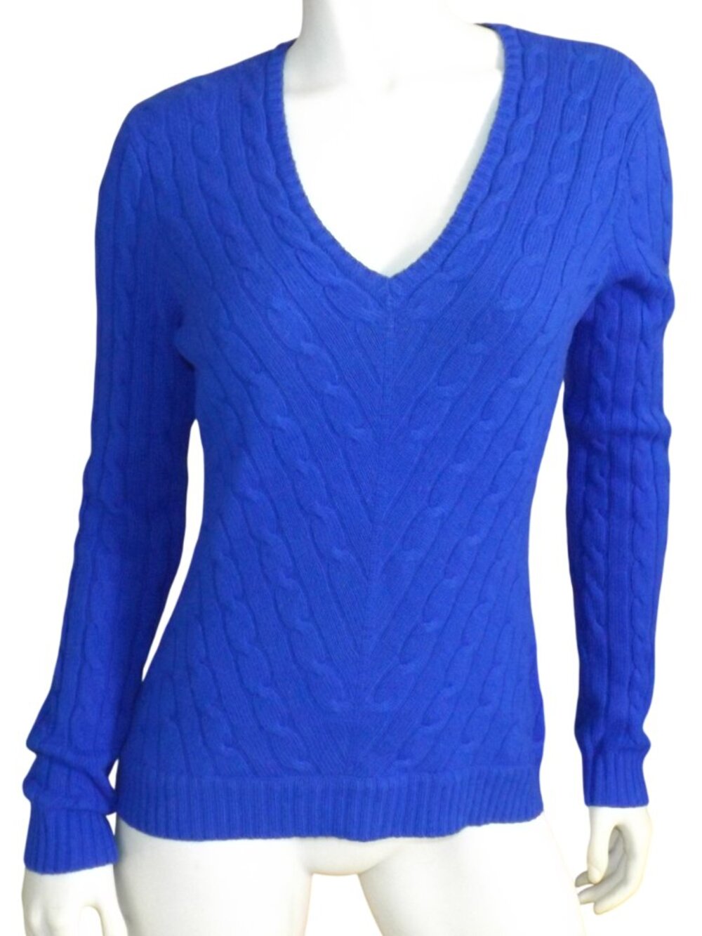 RALPH LAUREN BLACK LABEL Cashmere Sweater, L Slim Fit, Blue, V-neck, Cable knit